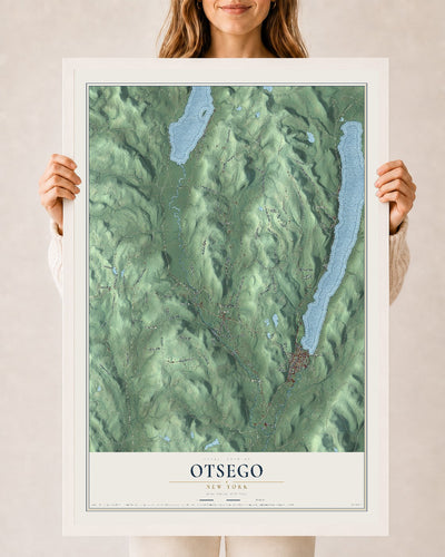 Otsego, New York map print, 24" x 36" W/ White Ayous Wood Frame mockup