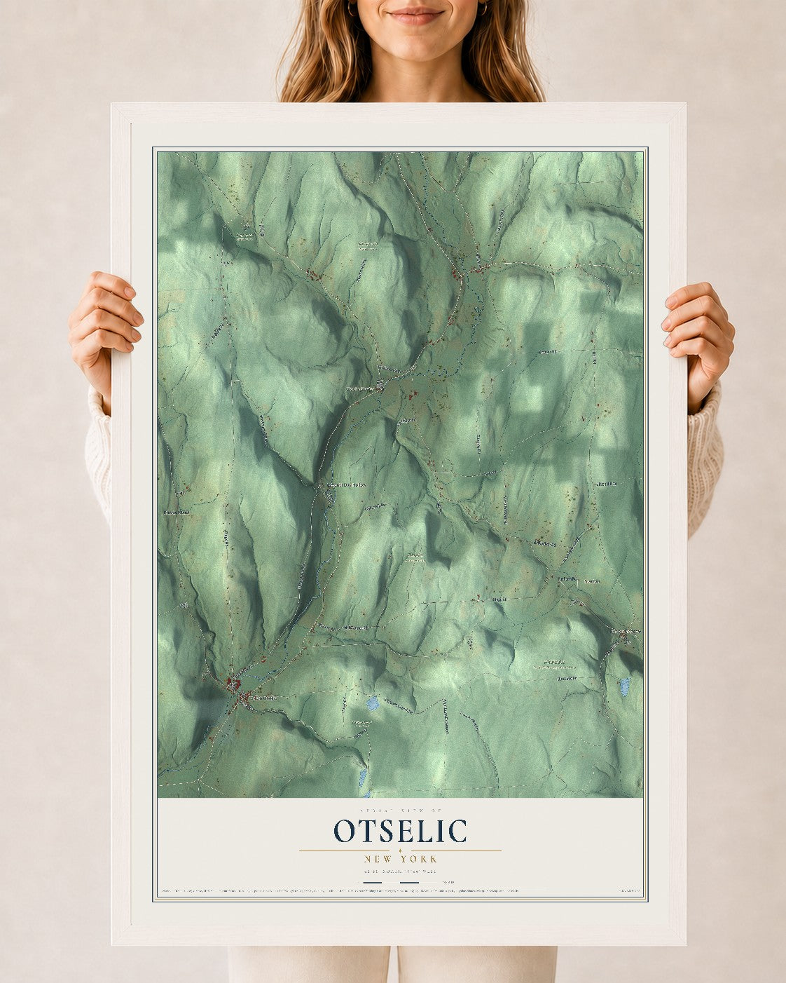 Otselic, New York map print, 24" x 36" W/ White Ayous Wood Frame mockup