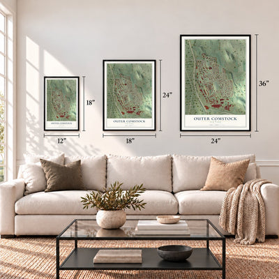 Outer Comstock, New York map in 12 x 18, 18 x 24 and 24 x 36 inch sizes above a sofa