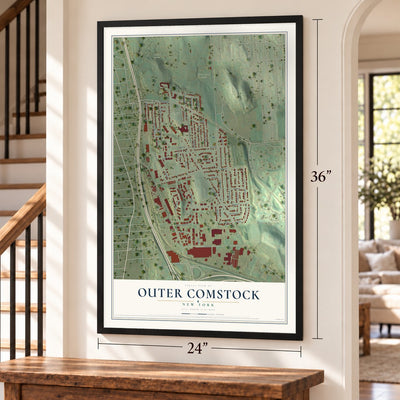 Outer Comstock, New York map, 24 x 36 inch print in a black frame by a staircase