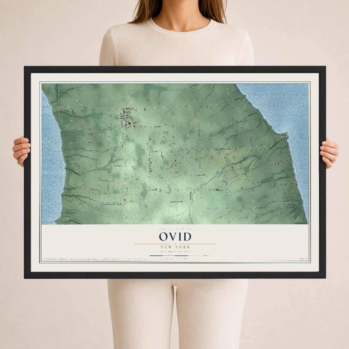 Ovid, New York map print, 24" x 36" W/ Black Ayous Wood Frame mockup
