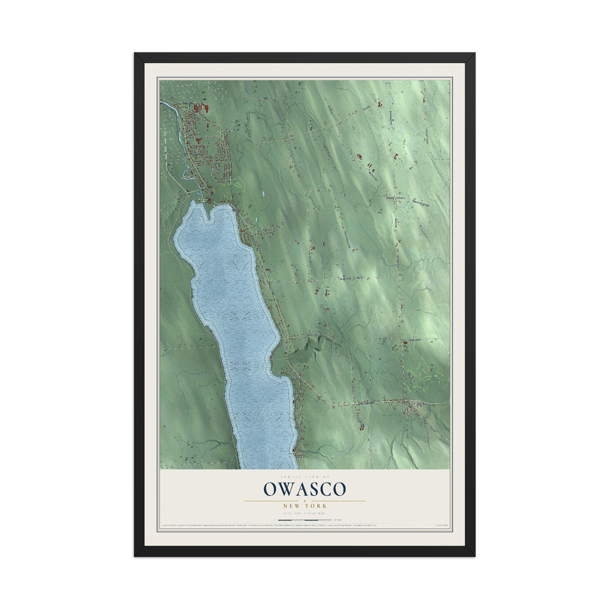 Owasco, New York map print, 12" x 18" W/ Black Ayous Wood Frame mockup