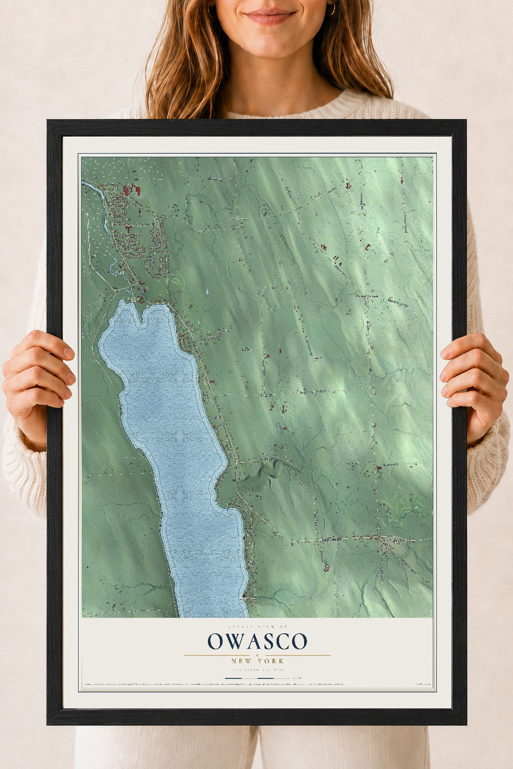 Owasco, New York map print, 18" x 24" W/ Black Ayous Wood Frame mockup