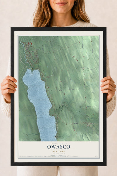Owasco, New York map print, 18" x 24" W/ Black Ayous Wood Frame mockup