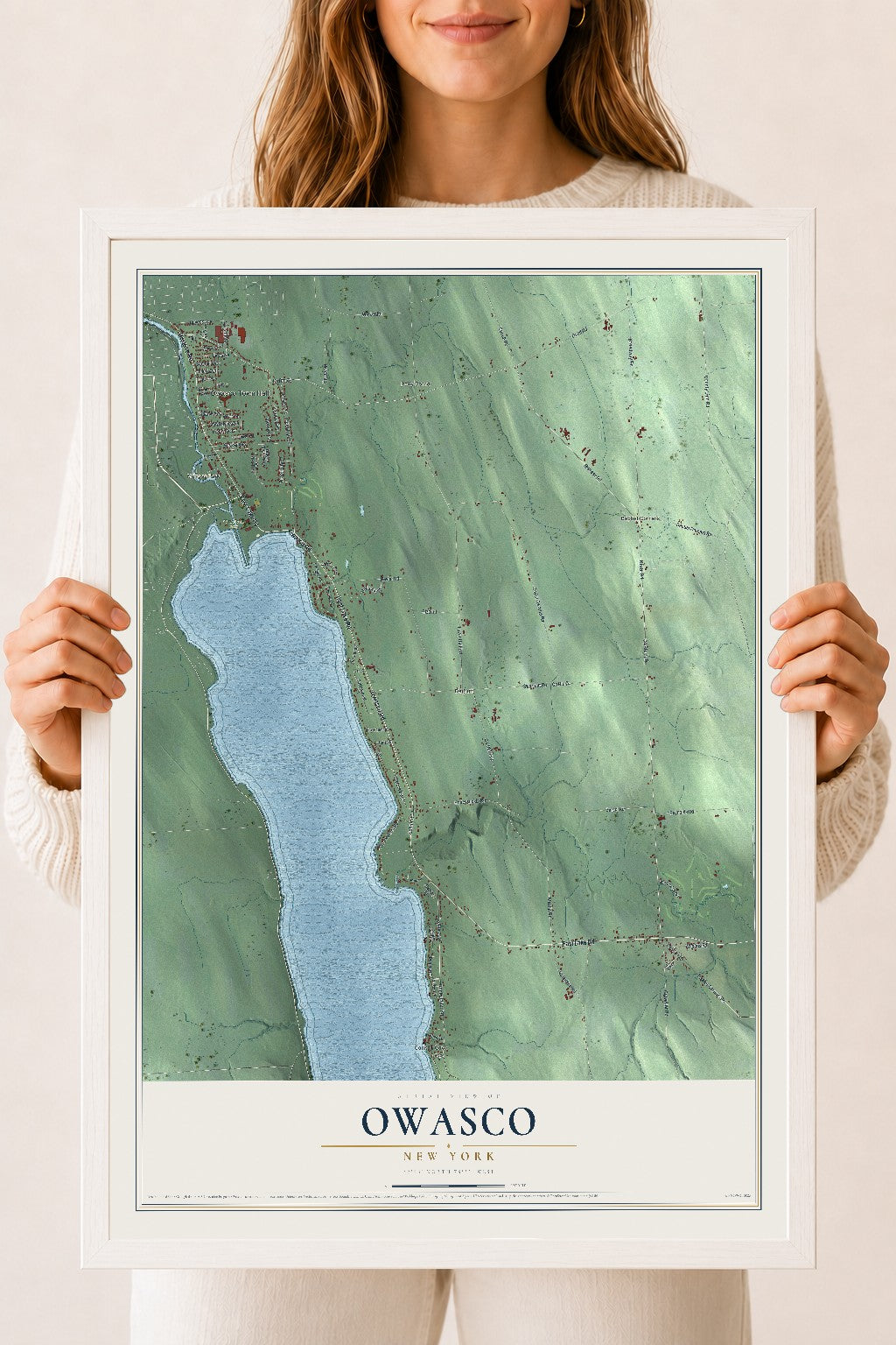 Owasco, New York map print, 18" x 24" W/ White Ayous Wood Frame mockup