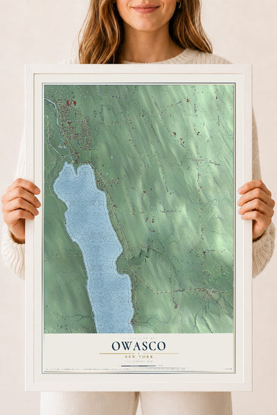 Owasco, New York map print, 18" x 24" W/ White Ayous Wood Frame mockup