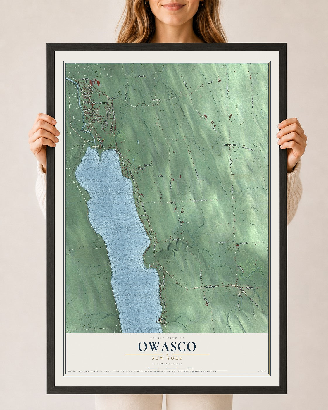 Owasco, New York map print, 24" x 36" W/ Black Ayous Wood Frame mockup