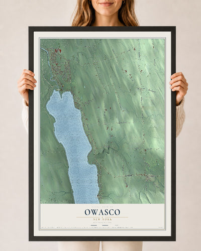 Owasco, New York map print, 24" x 36" W/ Black Ayous Wood Frame mockup