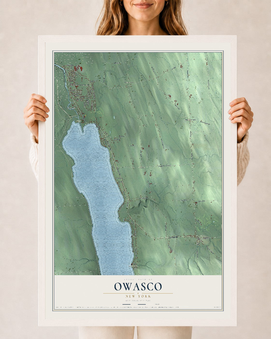Owasco, New York map print, 24" x 36" W/ White Ayous Wood Frame mockup