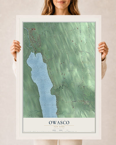 Owasco, New York map print, 24" x 36" W/ White Ayous Wood Frame mockup