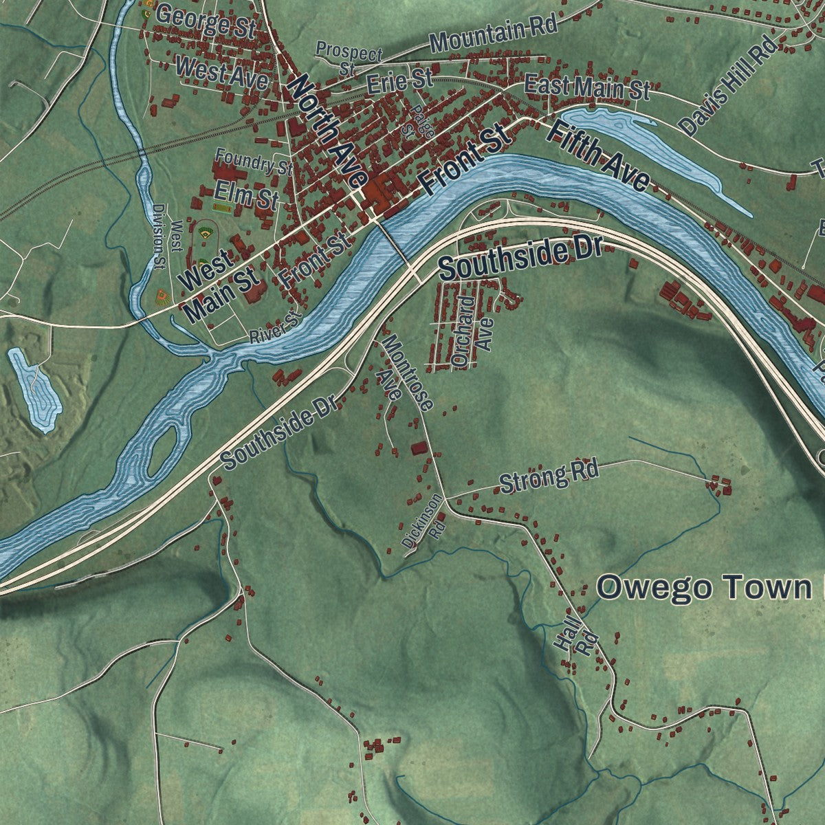 Close-up 1 of the Owego, New York map artwork