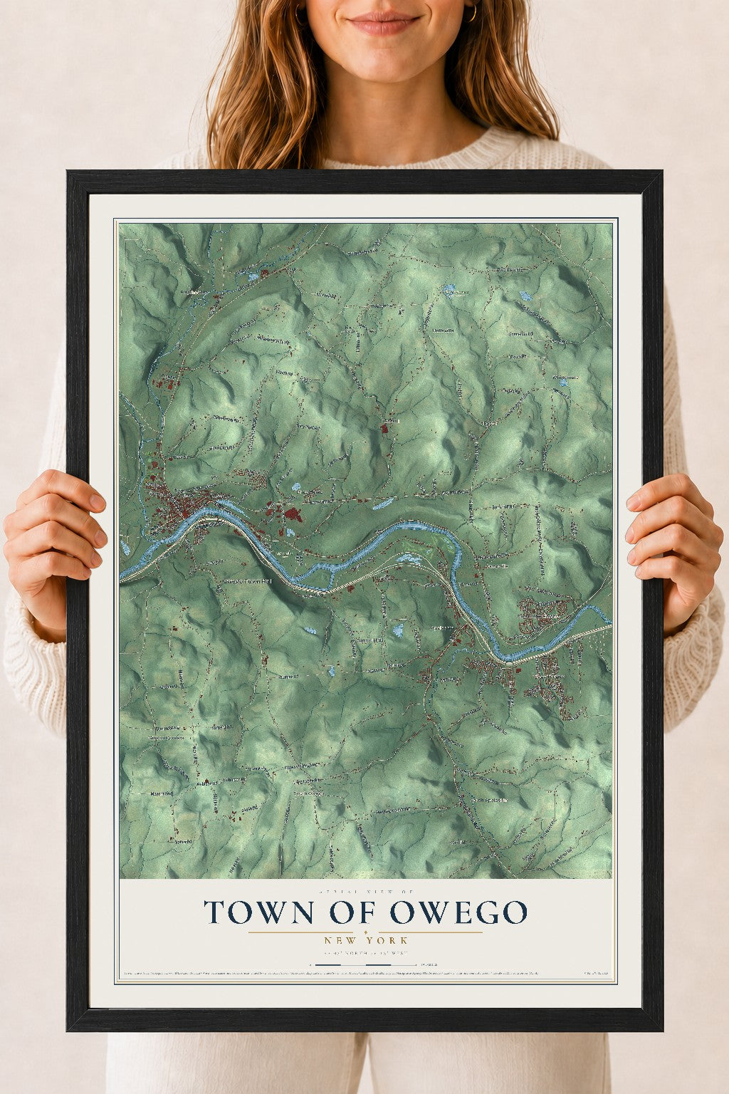 Owego, New York map print, 18" x 24" W/ Black Ayous Wood Frame mockup