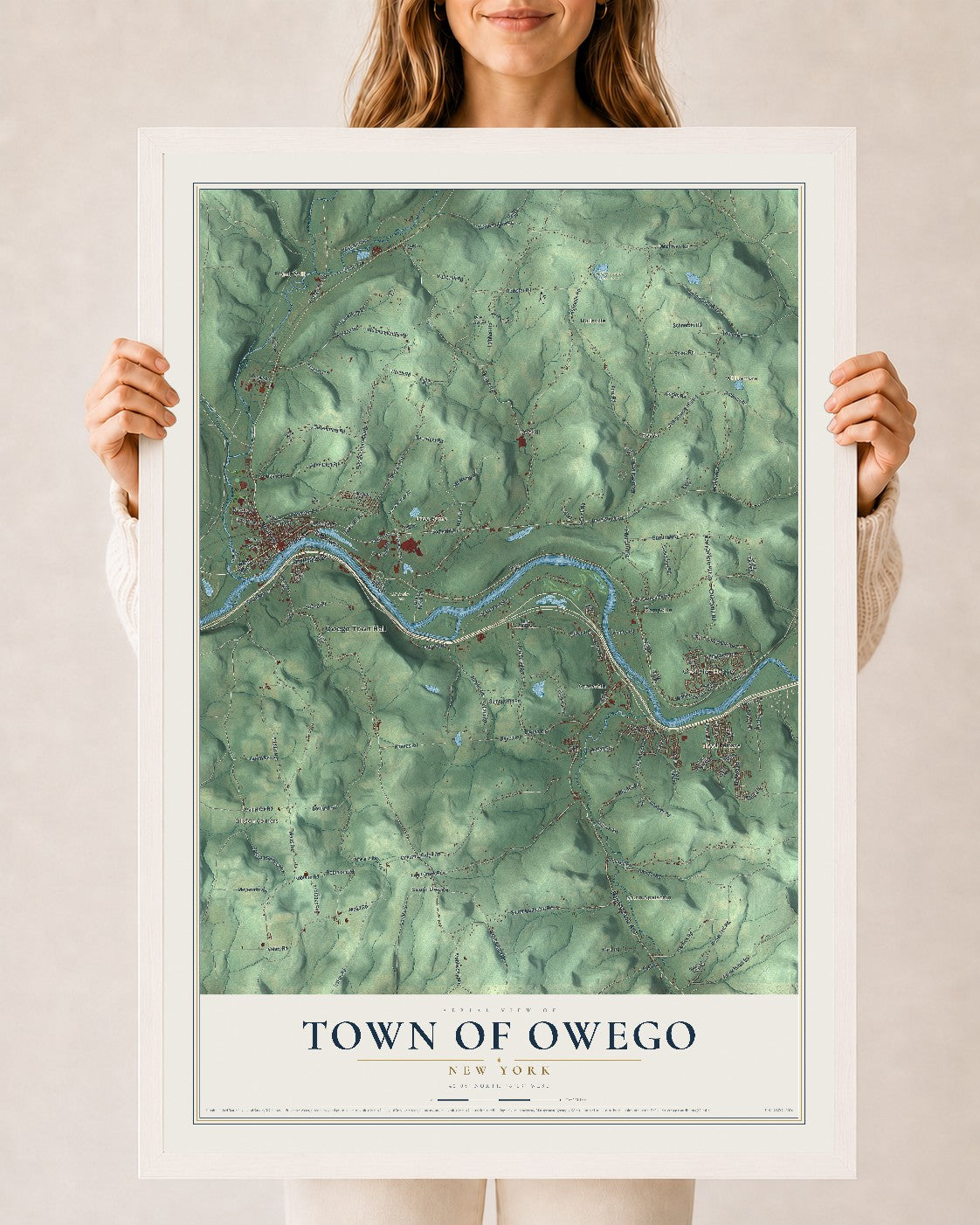 Owego, New York map print, 24" x 36" W/ White Ayous Wood Frame mockup