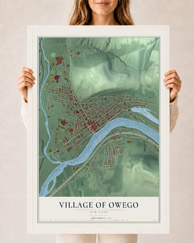 Owego, New York map print, 24" x 36" W/ White Ayous Wood Frame mockup