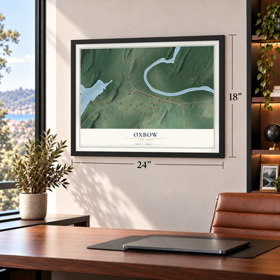 Oxbow, New York map, 18 x 24 inch print in a black frame in a home office