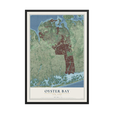 Oyster Bay, New York map print, 12" x 18" W/ Black Ayous Wood Frame mockup
