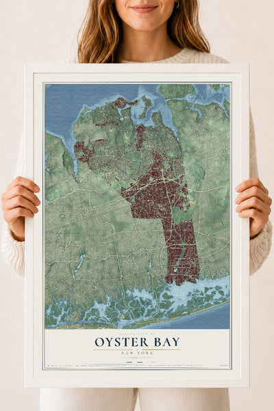 Oyster Bay, New York map print, 18" x 24" W/ White Ayous Wood Frame mockup