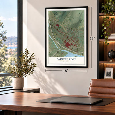 Painted Post, New York map, 18 x 24 inch print in a black frame in a home office