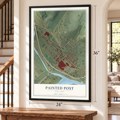 Painted Post, New York map, 24 x 36 inch print in a black frame by a staircase