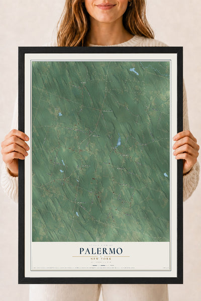 Palermo, New York map print, 18" x 24" W/ Black Ayous Wood Frame mockup