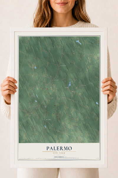 Palermo, New York map print, 18" x 24" W/ White Ayous Wood Frame mockup