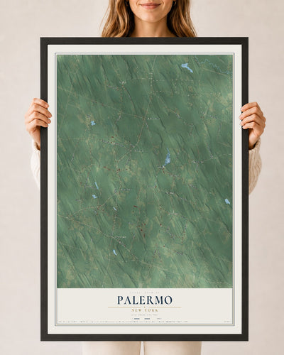 Palermo, New York map print, 24" x 36" W/ Black Ayous Wood Frame mockup