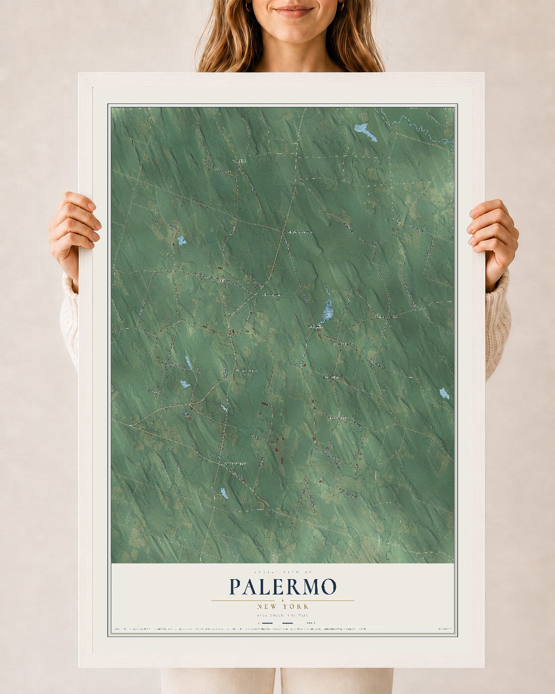 Palermo, New York map print, 24" x 36" W/ White Ayous Wood Frame mockup