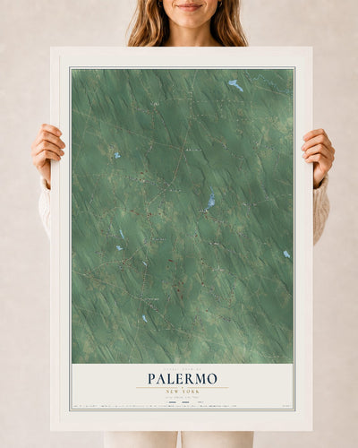 Palermo, New York map print, 24" x 36" W/ White Ayous Wood Frame mockup