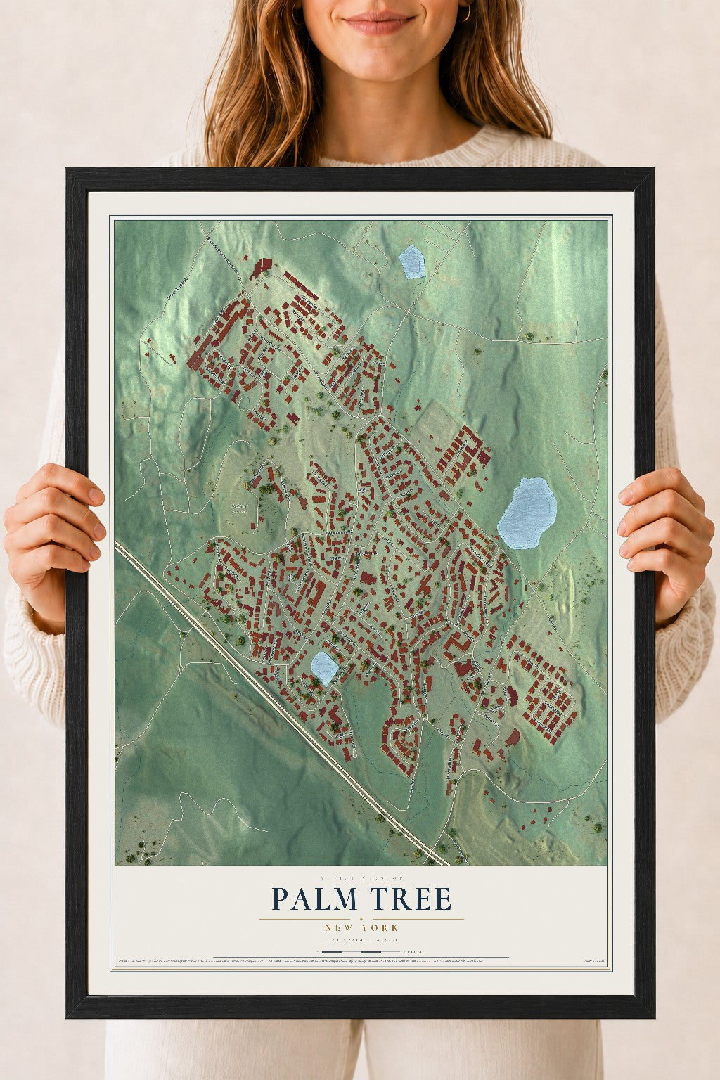 Palm Tree, New York map print, 18" x 24" W/ Black Ayous Wood Frame mockup