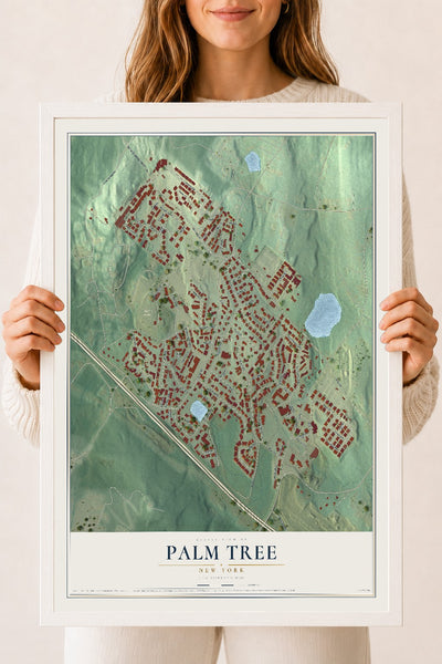 Palm Tree, New York map print, 18" x 24" W/ White Ayous Wood Frame mockup