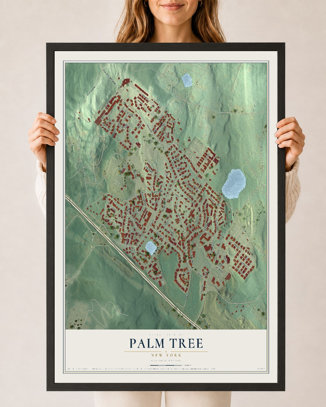 Palm Tree, New York map print, 24" x 36" W/ Black Ayous Wood Frame mockup