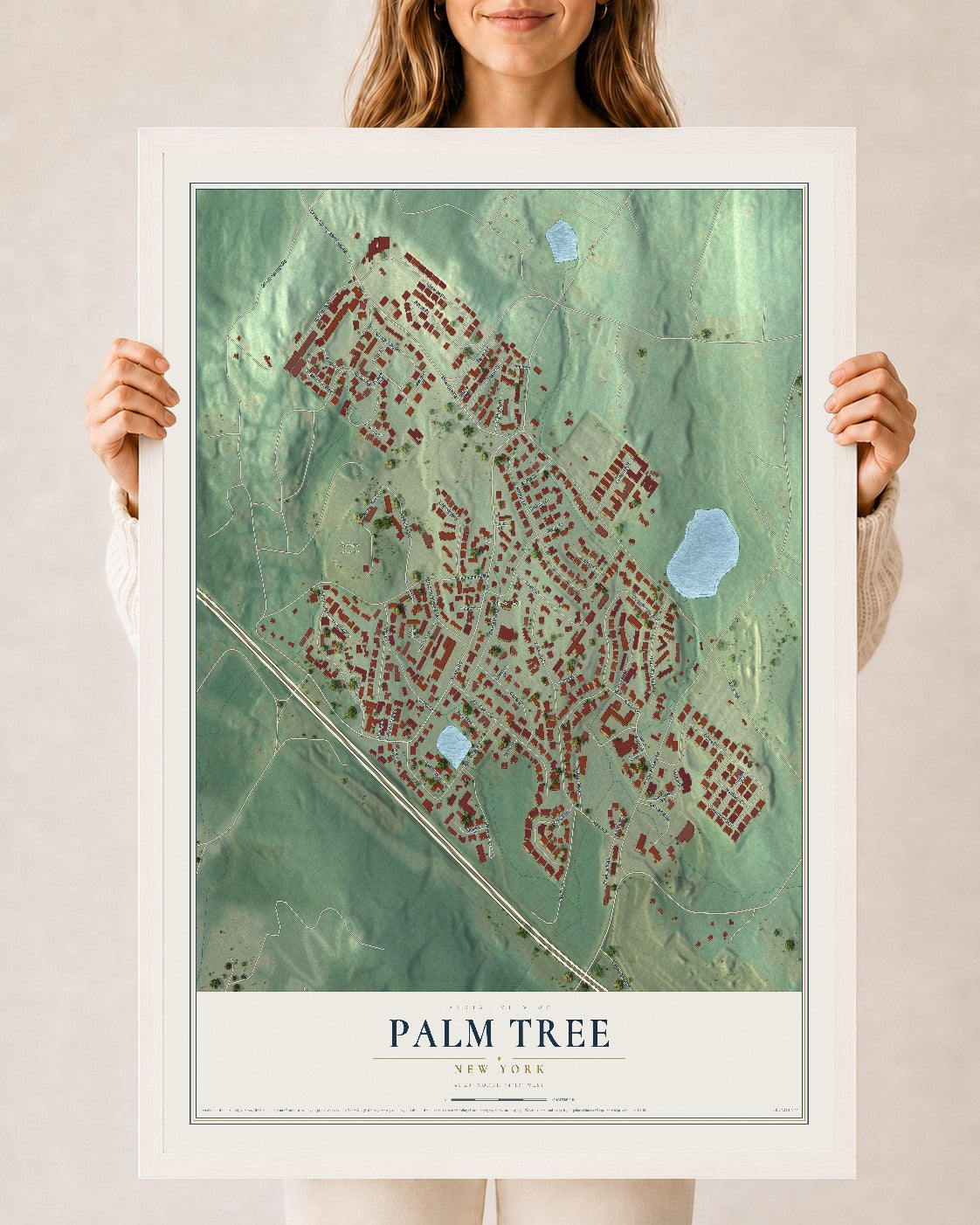 Palm Tree, New York map print, 24" x 36" W/ White Ayous Wood Frame mockup