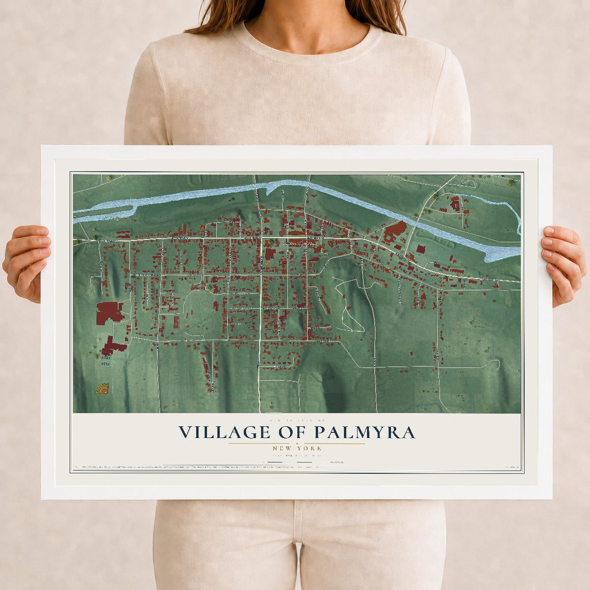 Palmyra, New York map print, 12" x 18" W/ White Ayous Wood Frame mockup