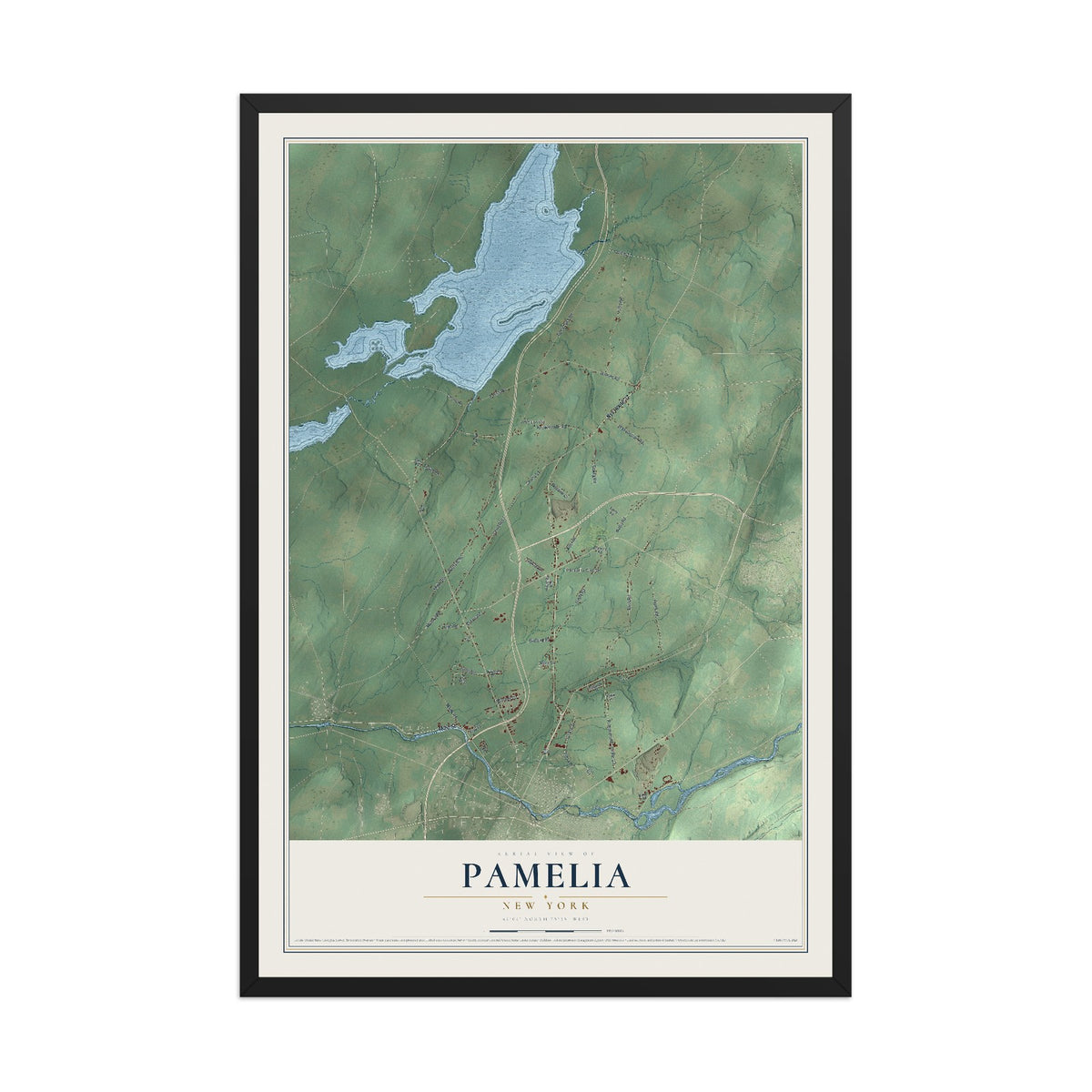 Pamelia, New York map print, 12" x 18" W/ Black Ayous Wood Frame mockup