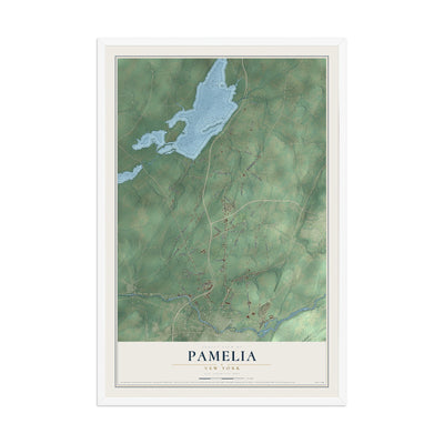 Pamelia, New York map print, 12" x 18" W/ White Ayous Wood Frame mockup