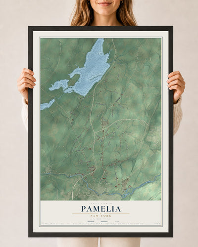 Pamelia, New York map print, 24" x 36" W/ Black Ayous Wood Frame mockup