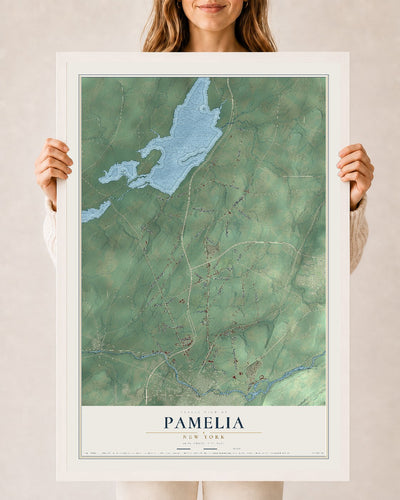 Pamelia, New York map print, 24" x 36" W/ White Ayous Wood Frame mockup
