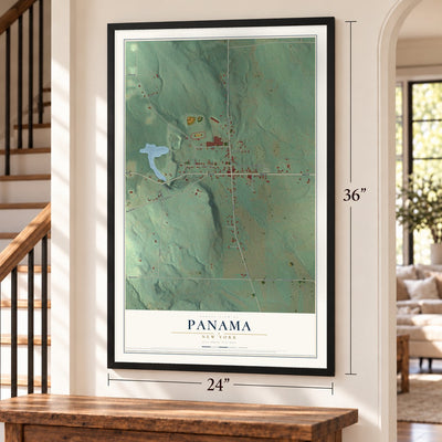 Panama, New York map, 24 x 36 inch print in a black frame by a staircase
