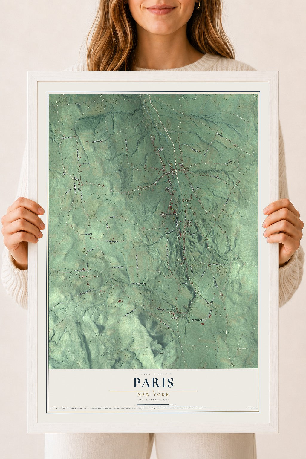 Paris, New York map print, 18" x 24" W/ White Ayous Wood Frame mockup