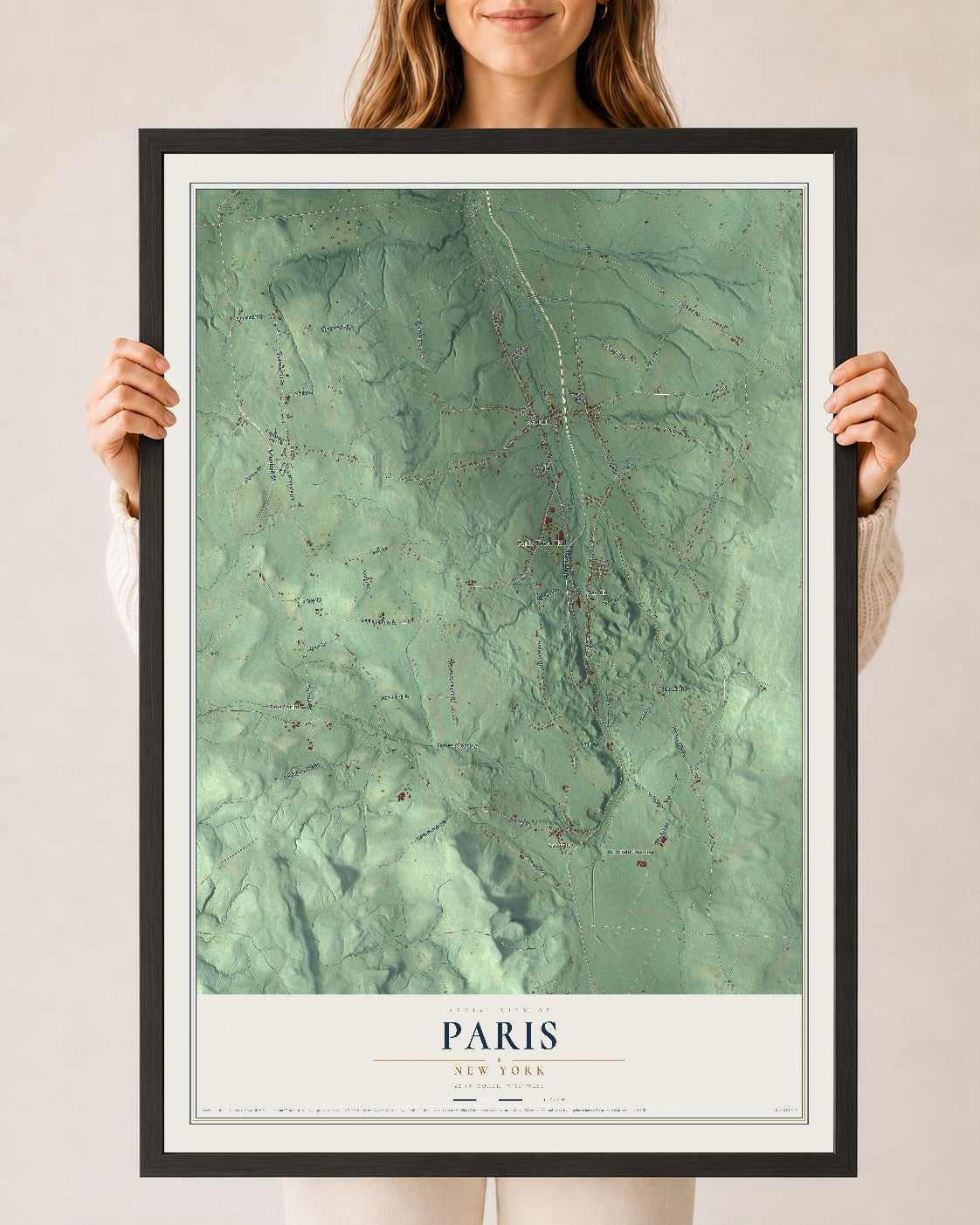 Paris, New York map print, 24" x 36" W/ Black Ayous Wood Frame mockup
