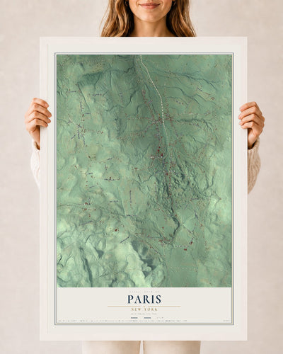 Paris, New York map print, 24" x 36" W/ White Ayous Wood Frame mockup