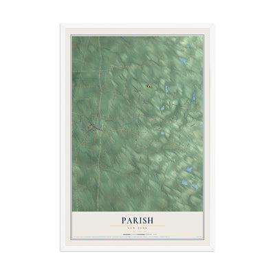 Parish, New York map print, 12" x 18" W/ White Ayous Wood Frame mockup