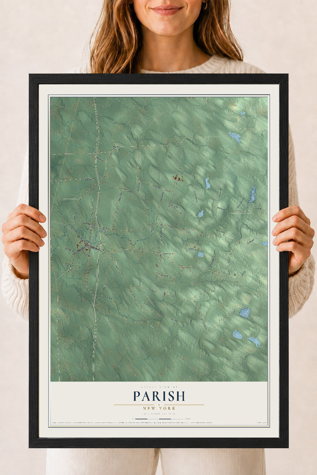 Parish, New York map print, 18" x 24" W/ Black Ayous Wood Frame mockup