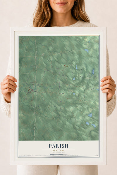 Parish, New York map print, 18" x 24" W/ White Ayous Wood Frame mockup