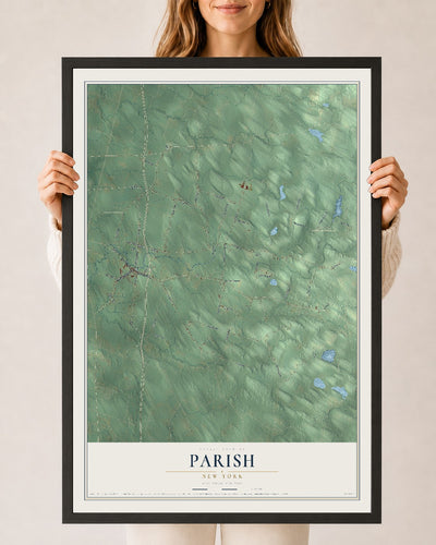 Parish, New York map print, 24" x 36" W/ Black Ayous Wood Frame mockup