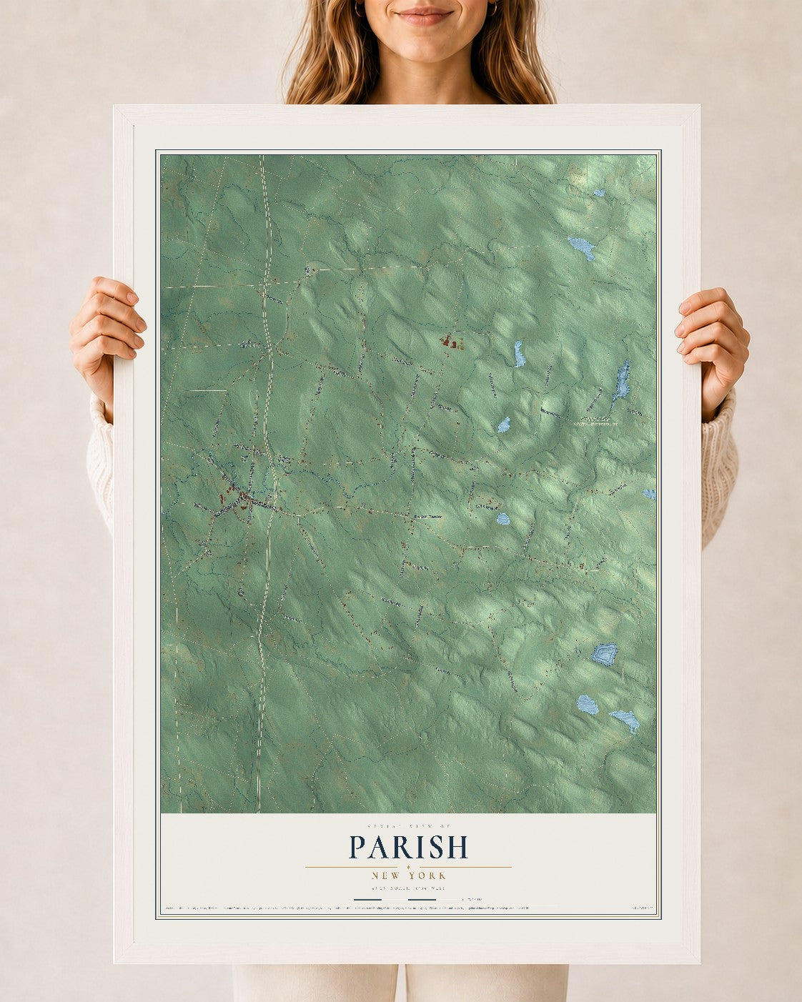 Parish, New York map print, 24" x 36" W/ White Ayous Wood Frame mockup