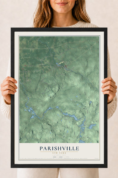 Parishville, New York map print, 18" x 24" W/ Black Ayous Wood Frame mockup