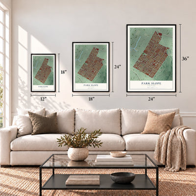 Park Slope, New York map in 12 x 18, 18 x 24 and 24 x 36 inch sizes above a sofa