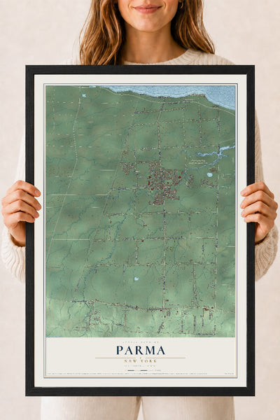Parma, New York map print, 18" x 24" W/ Black Ayous Wood Frame mockup