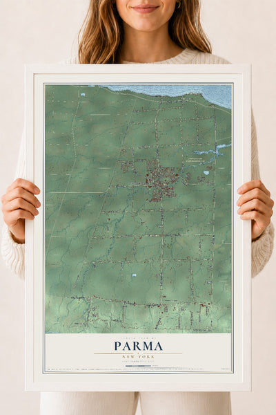 Parma, New York map print, 18" x 24" W/ White Ayous Wood Frame mockup